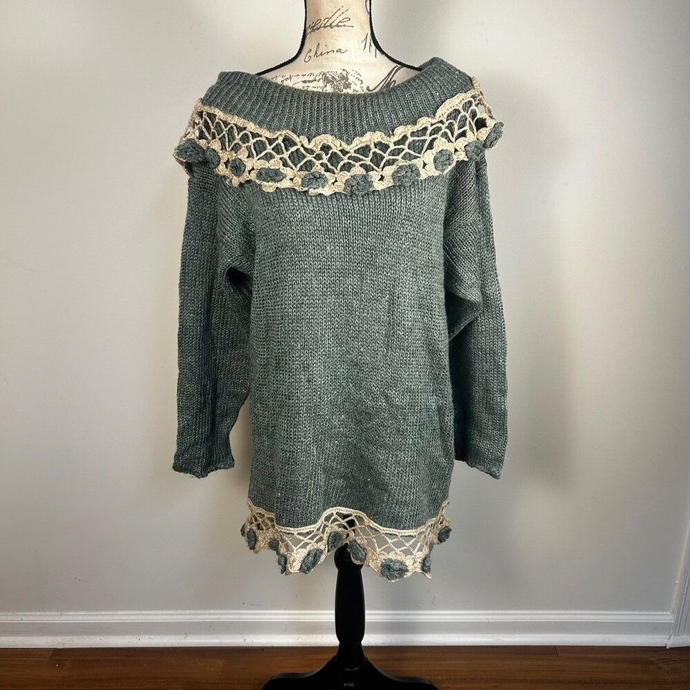Carolina Colours Vintage Hand Knitted Sweater Womens 18 Green Crochet Trim Ramie